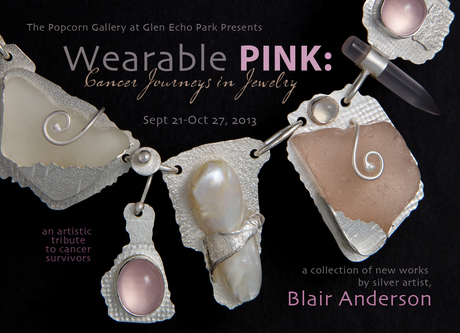 Wearable pink jewelry art exhibit promotional graphic.