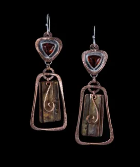 Copper and silver earring with triangular orange stones