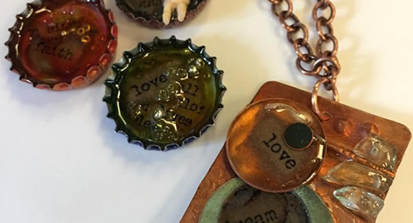 bottle caps and copper pieces in resin