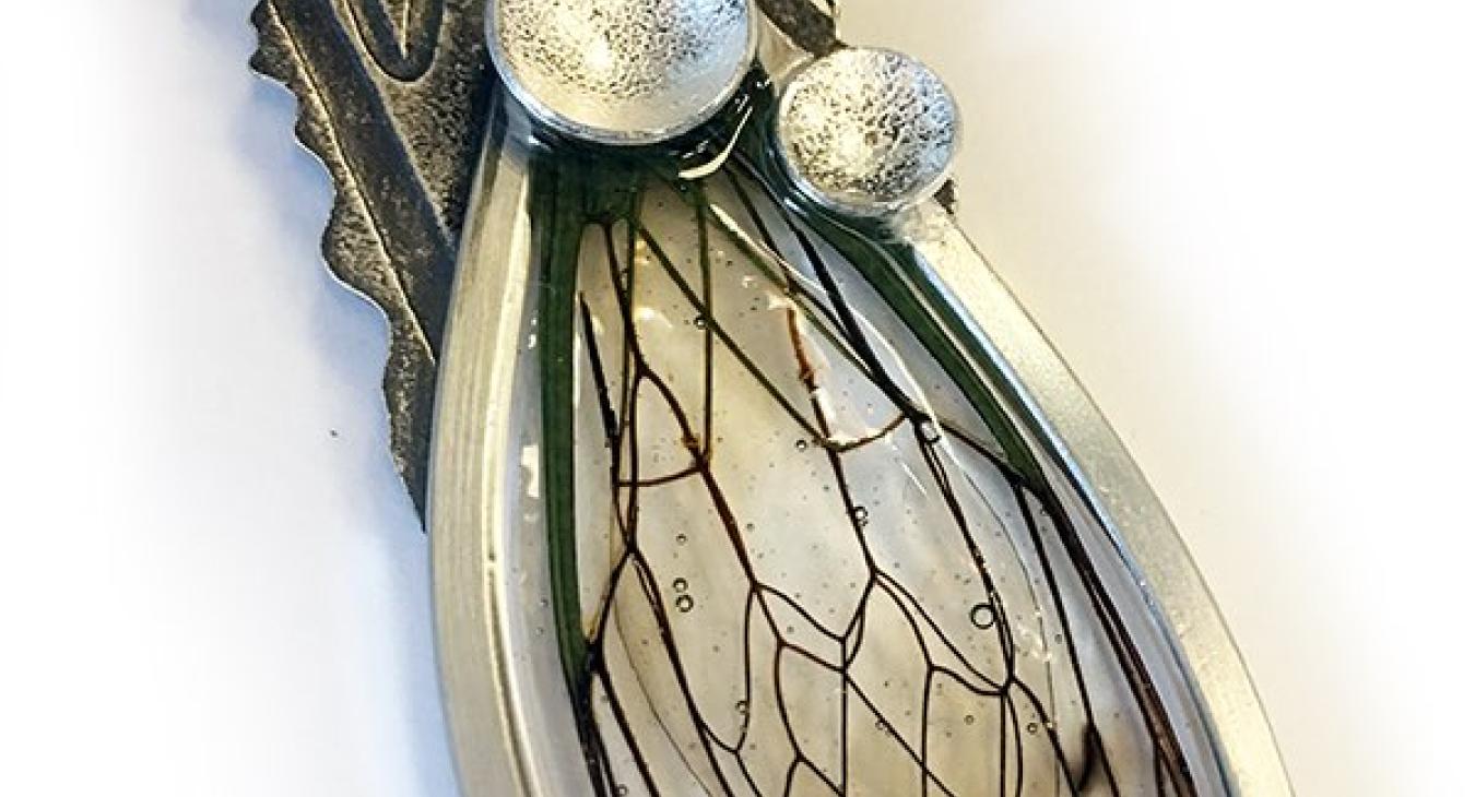silver pendant with resin cicada wings