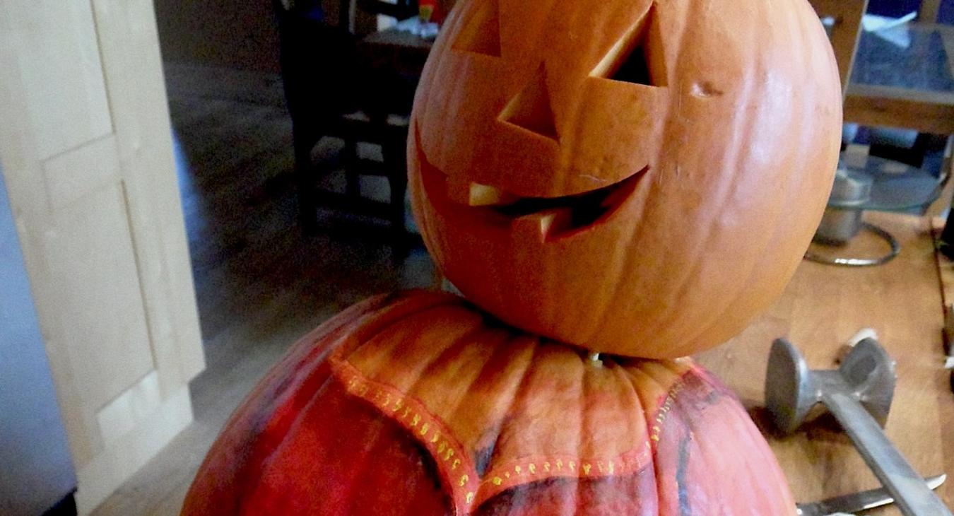 Mr. O'Lantern, pumpkin man, with hand painted dress