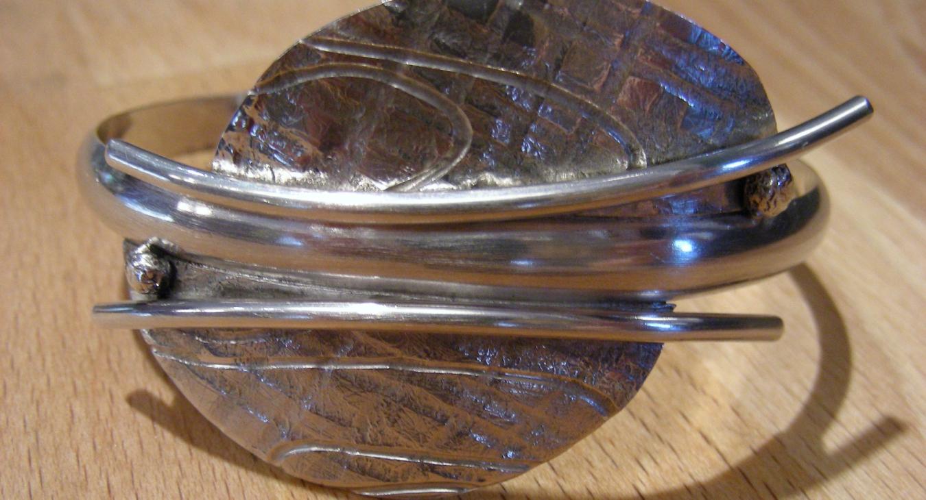 Textured silver and wire cuff bracelet