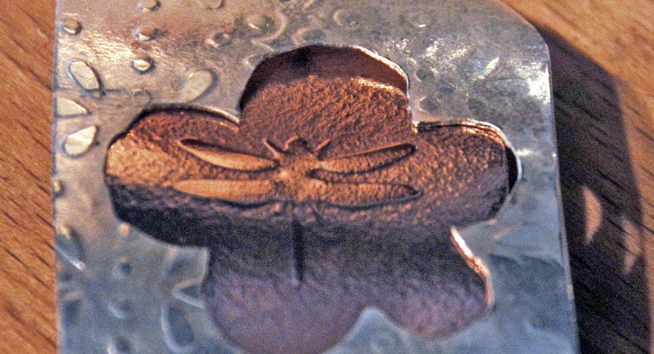Square silver and copper rolling mill textured pendant with dragonfly 