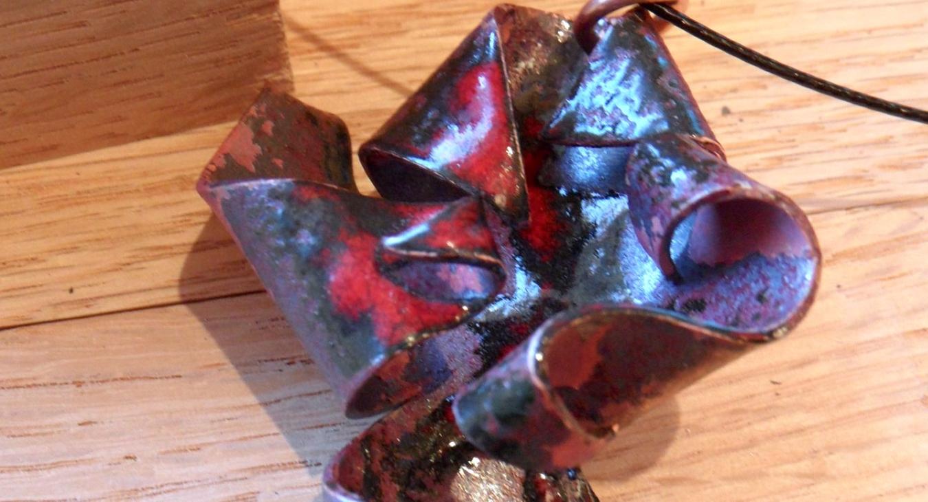 Copper enameled fold-formed pendant 