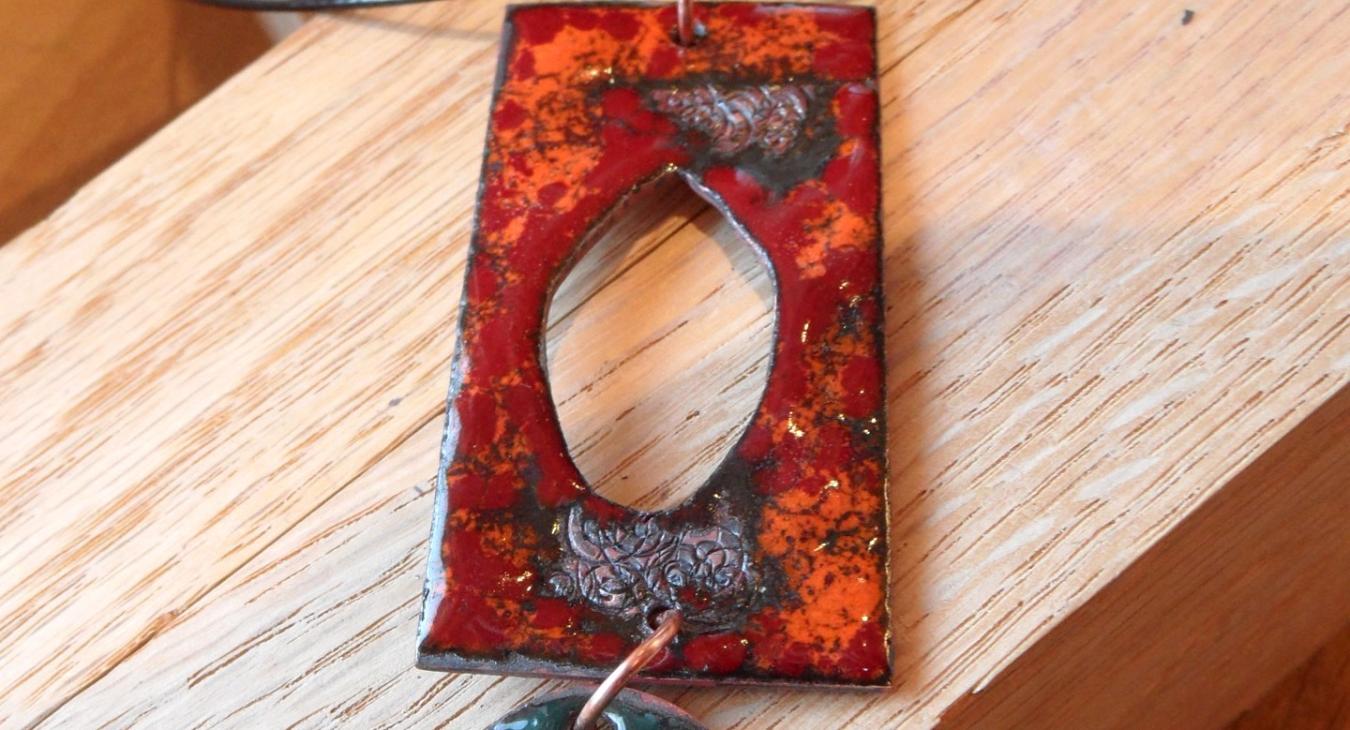 Red and green two part copper enameled pendant