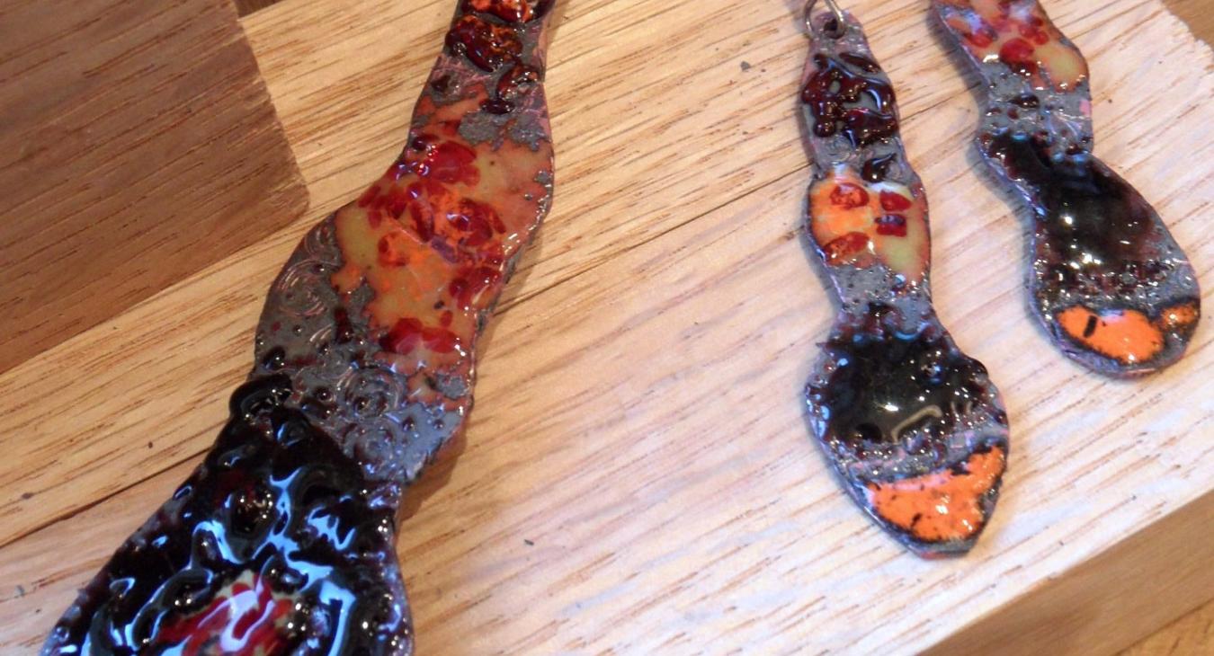 multi-colored copper enameled earrings and pendant