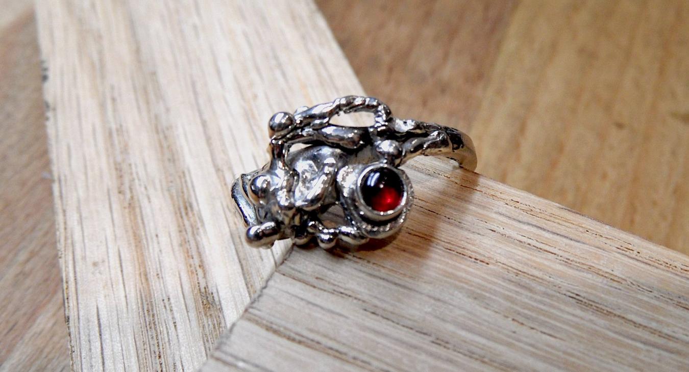 A Silver ring with red gem using the Lost Wax Method