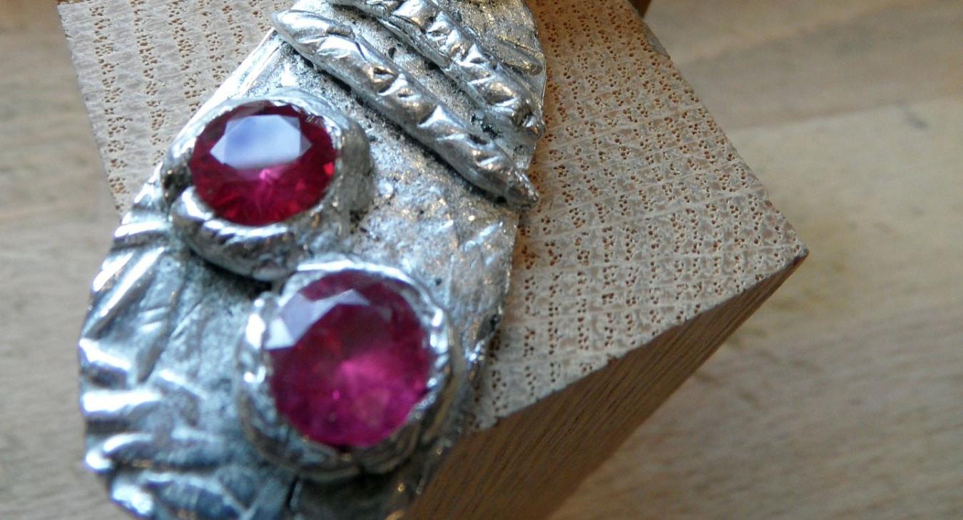 Metal clay Pendant and ring with red stones