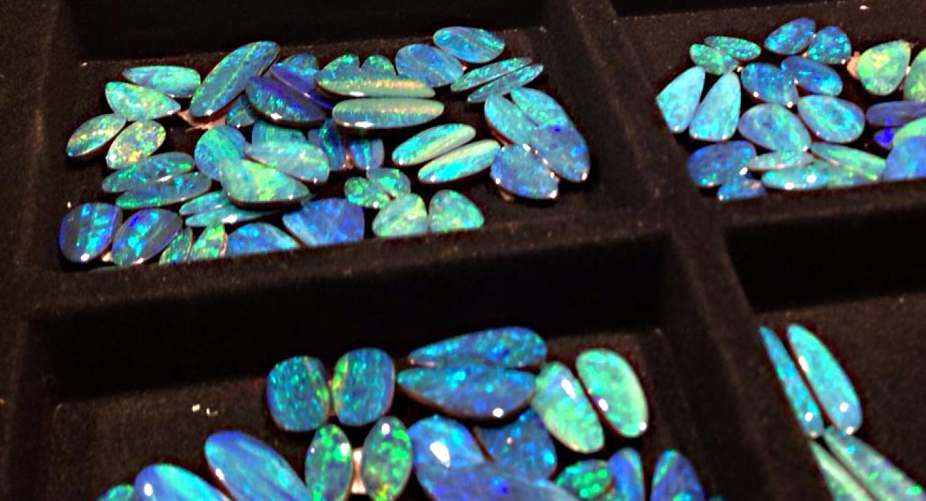 Trays of bright blue-green opals