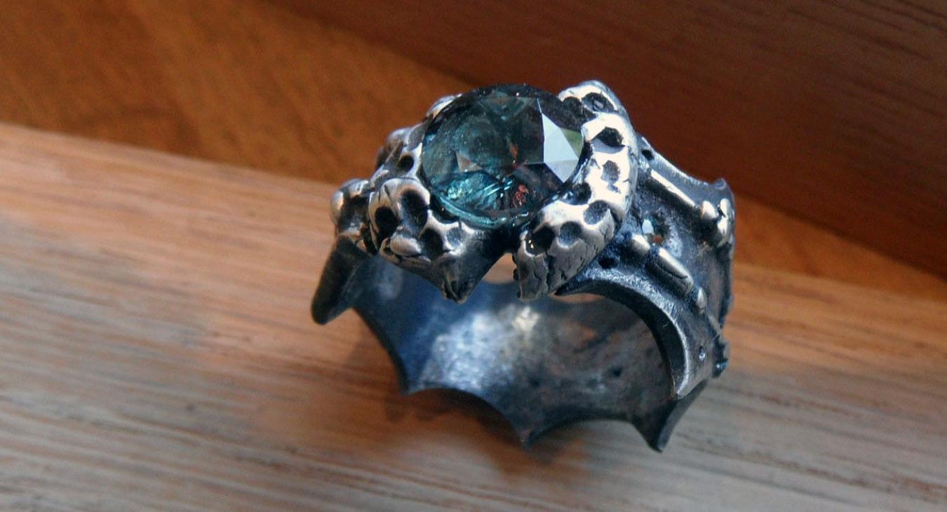 Silver clay ring with blue-grey gem by Stephanie Hertzog