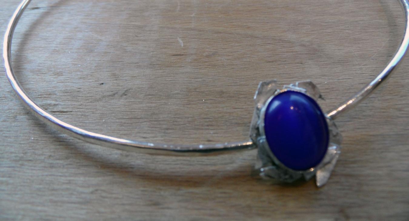 lapis set on silver wire neck cuff