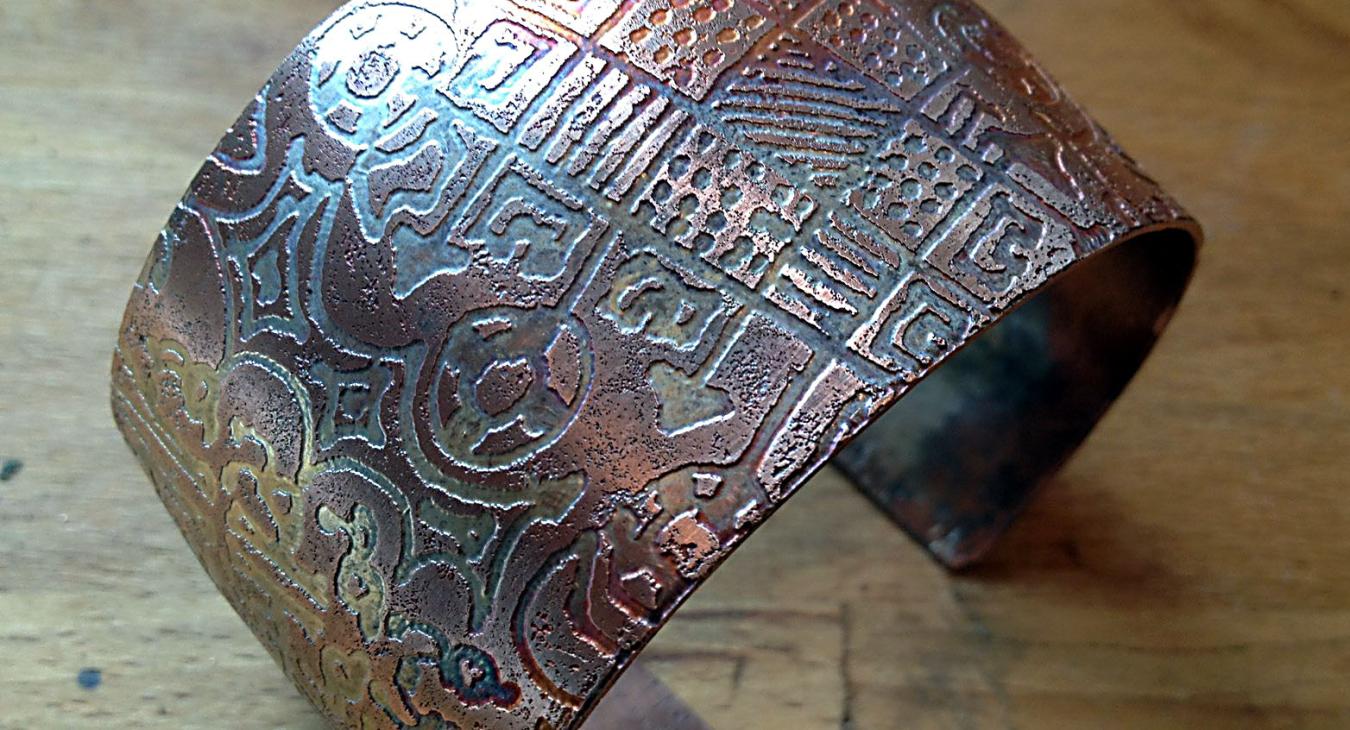 etched fire-painted copper cuff bracelet 