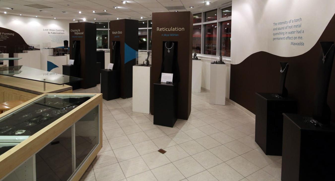 view of the gallery with towers and display cases
