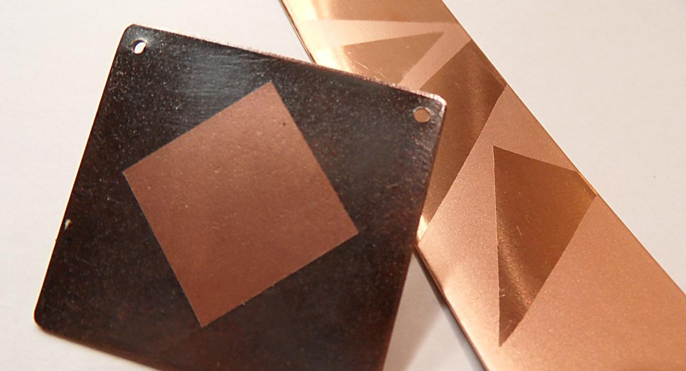 blasted copper samples with geometric shapes in different textures