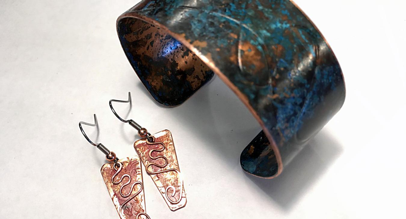 Copper patina earrings and cuff bracelet