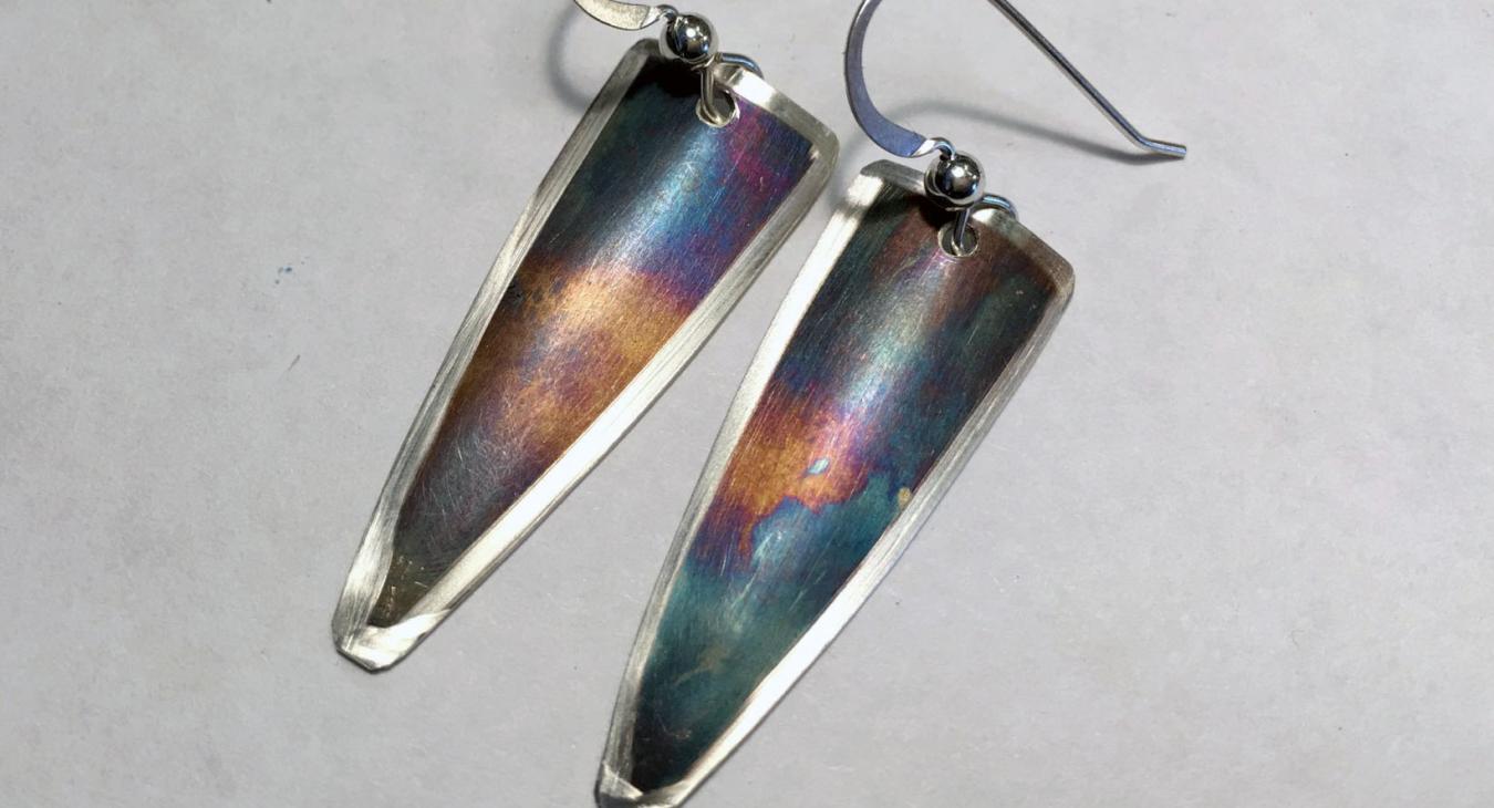Rainbow colored earrings from liver of sulfur on sterling silver