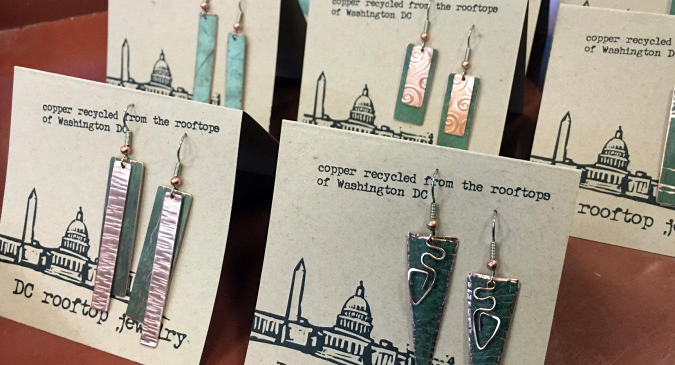 Rooftop jewelry, green patina copper earrings, on cards