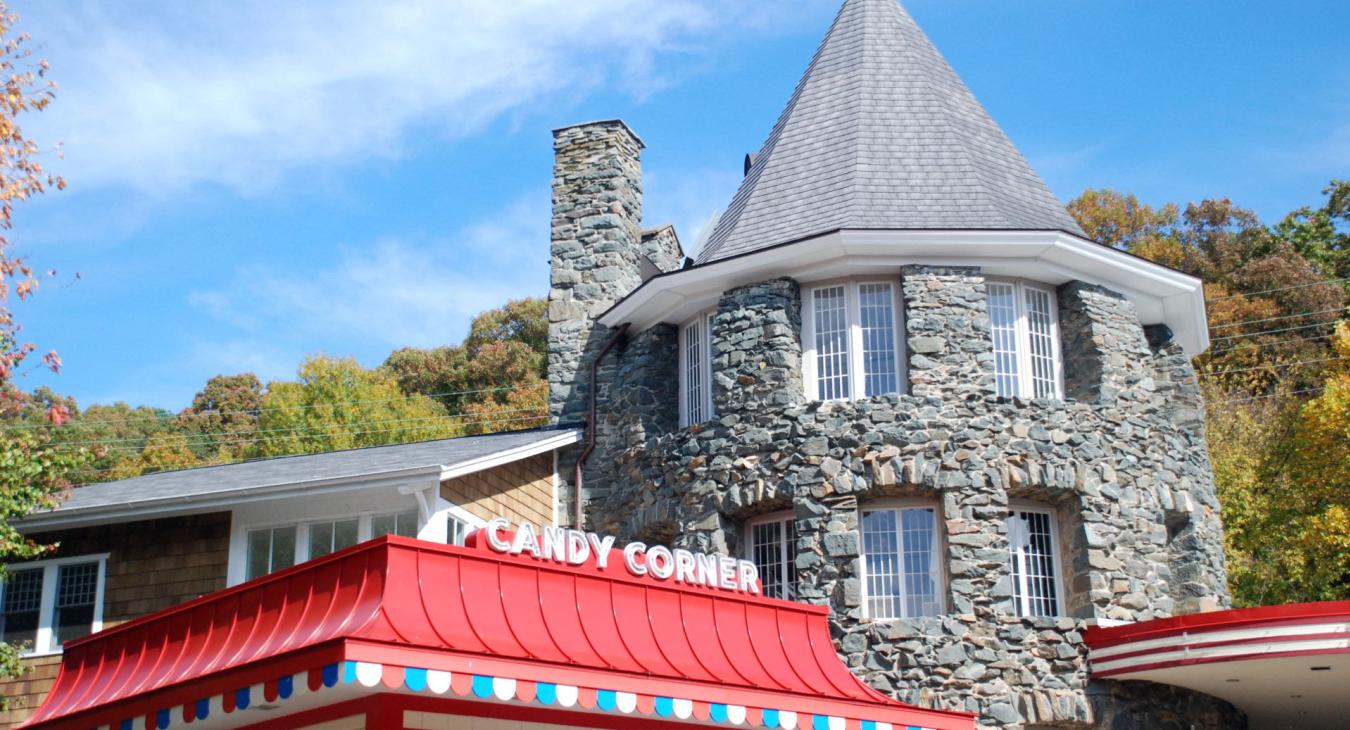 View of Candy corner building and stone tower in back