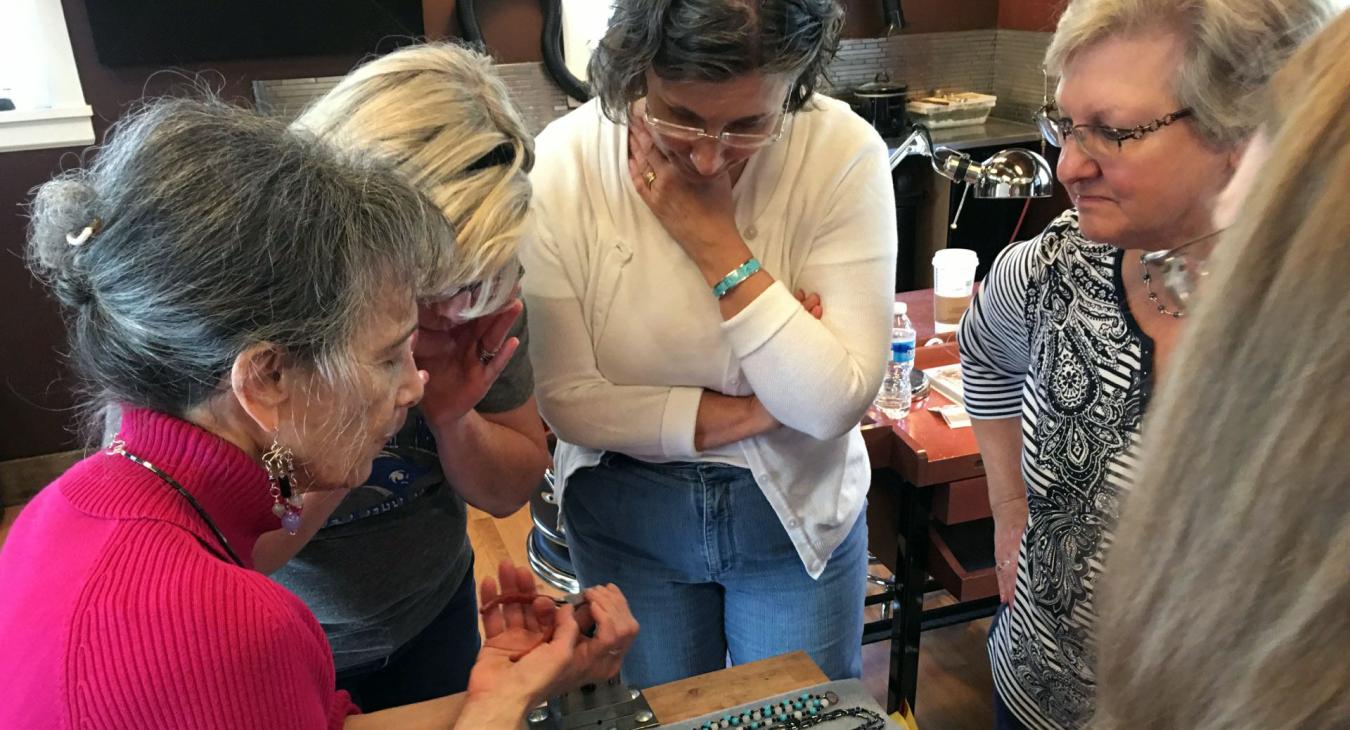 Ruth is instructing how to form an eye pin. L-R Ruth, Cezanne, Marie, Harriet, Sara.
