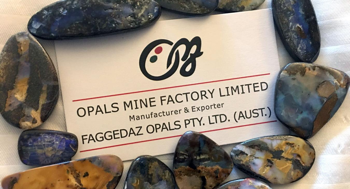 boulder opals laid out around company card