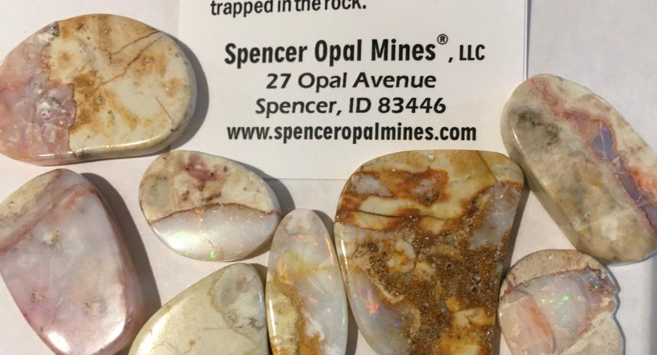 yellow and pink boulder opals next to company card