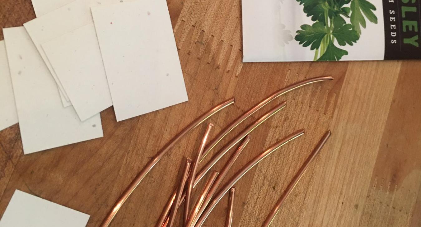 copper wire and white card stock for labels next to parsley seeds