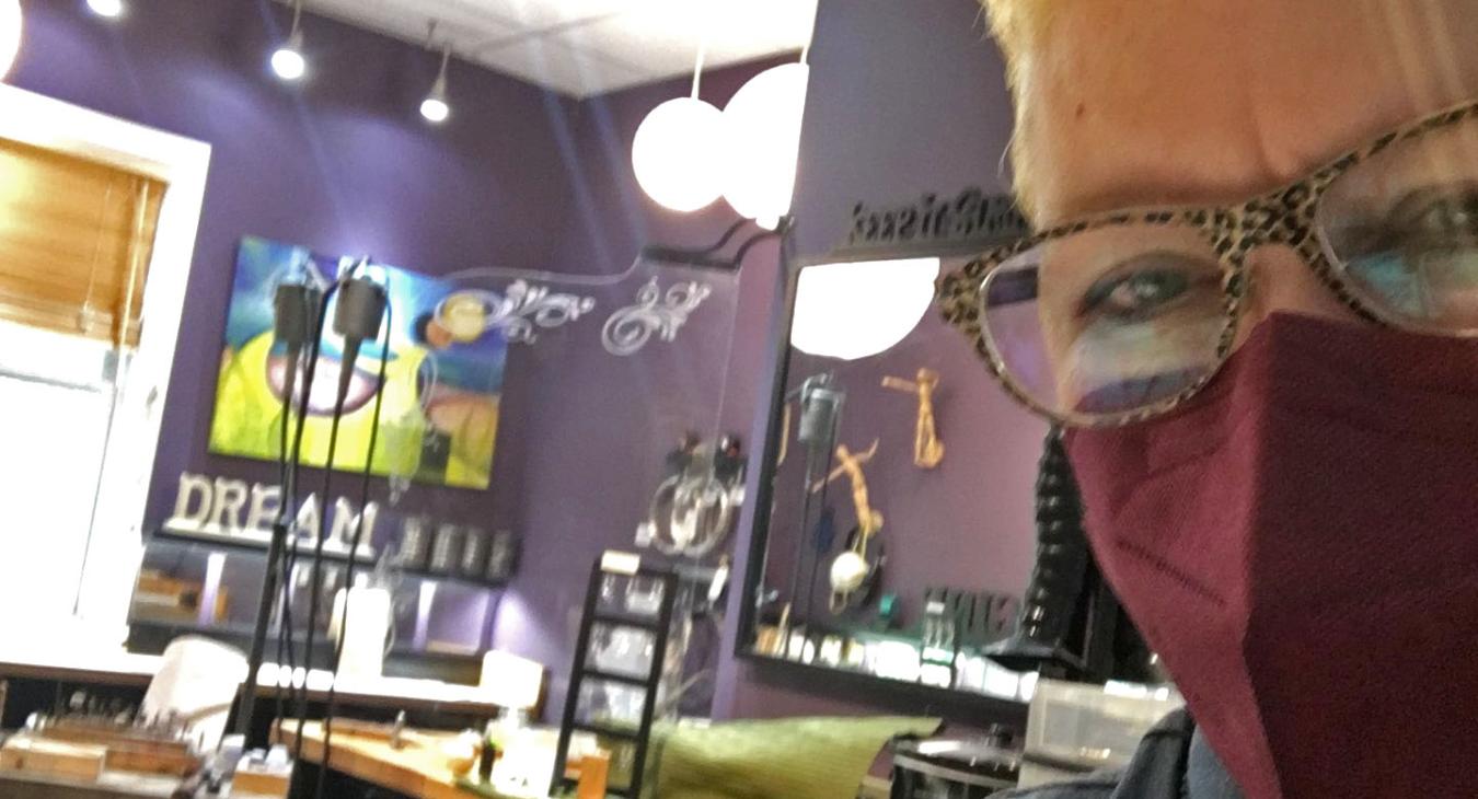 Blair in studio with red face mask