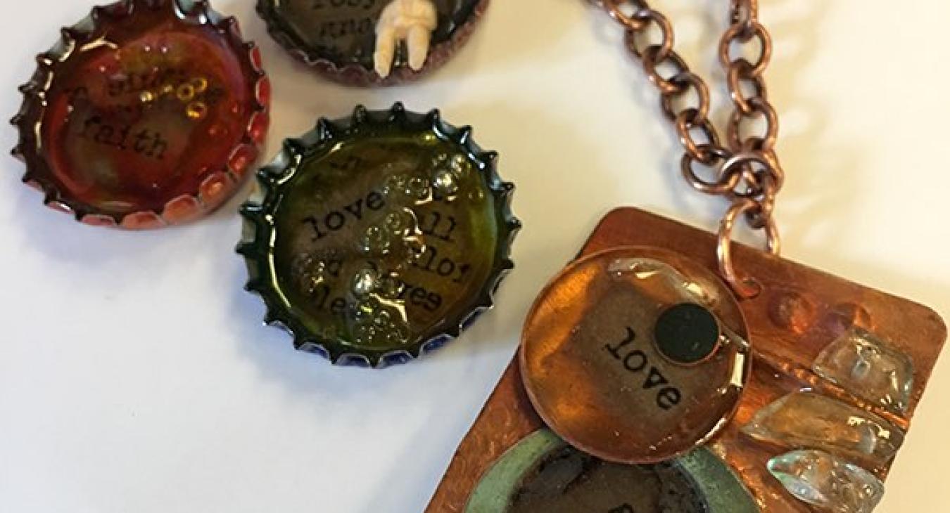 bottle caps and copper pieces in resin
