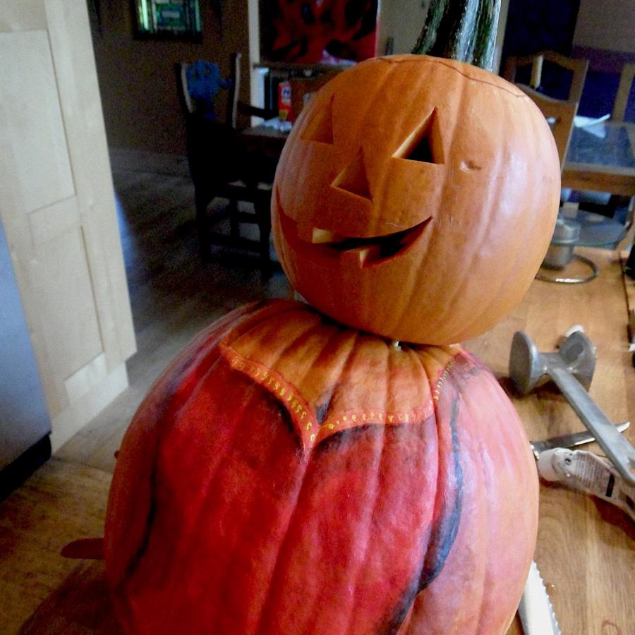 Mr. O'Lantern, pumpkin man, with hand painted dress
