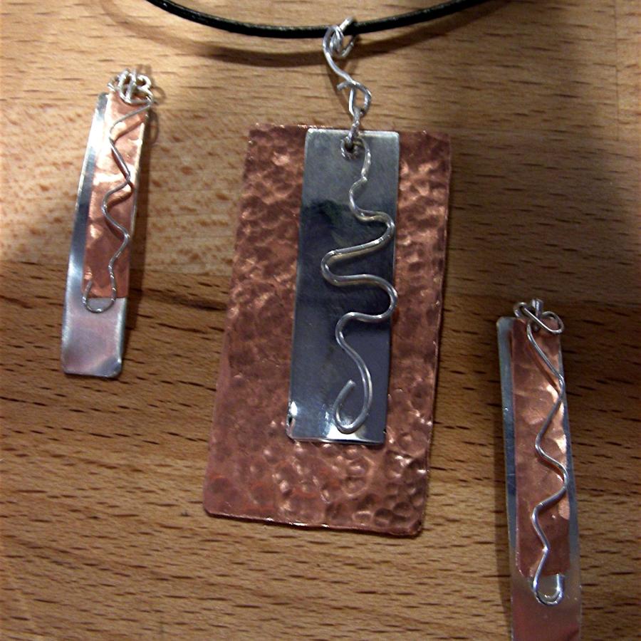 Silver and copper pendant and earrings