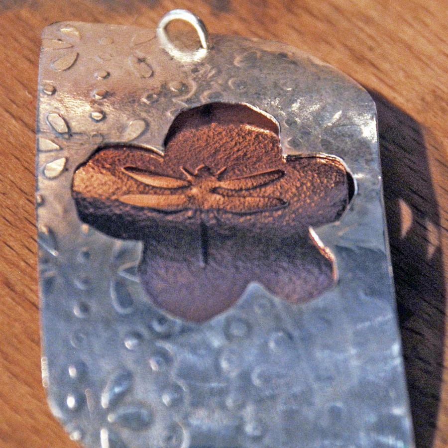 Square silver and copper rolling mill textured pendant with dragonfly 