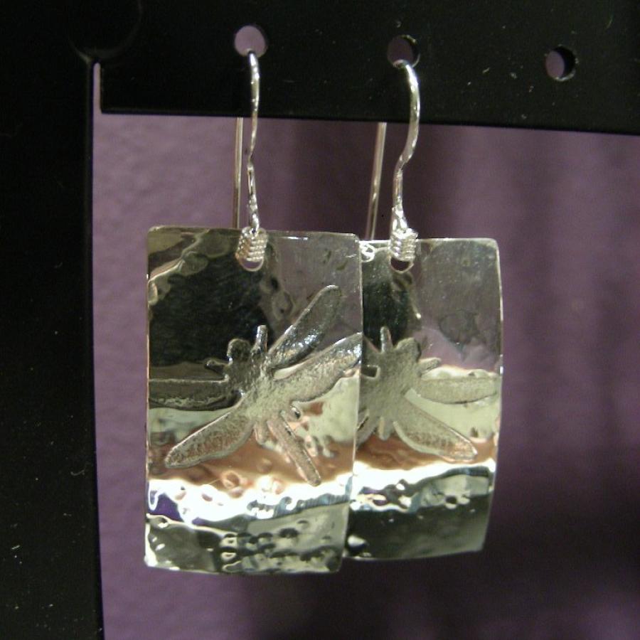 Polished silver square earrings with dragonfly pattern