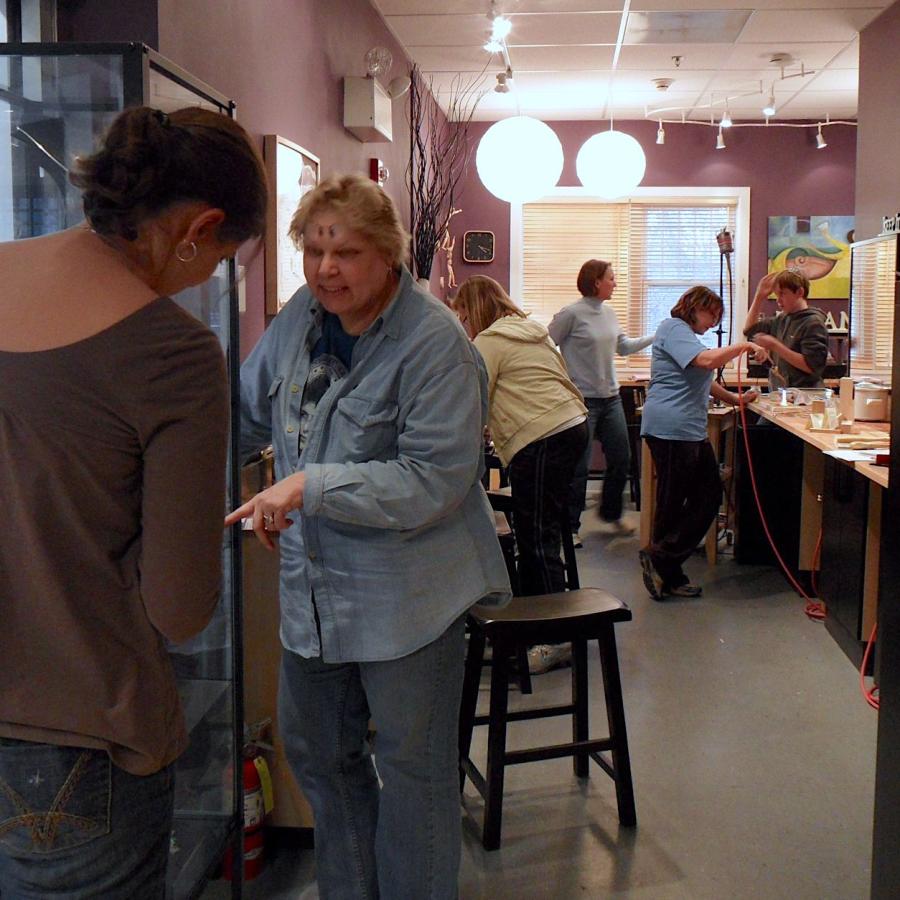 Meg and Pam checking out some of the work in the gallery