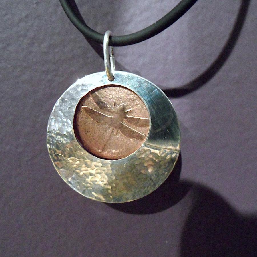 Silver and copper layered textured pendant with dragonfly 