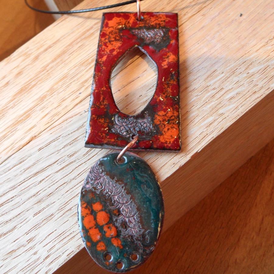 Red and green two part copper enameled pendant
