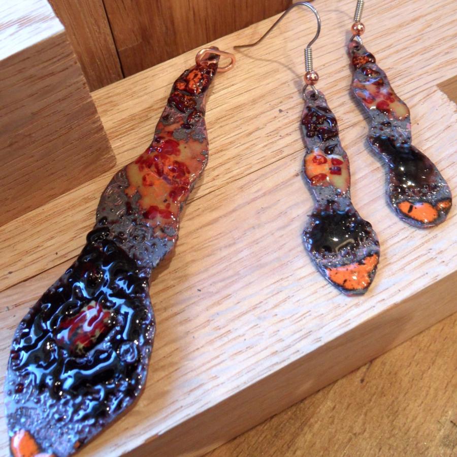 multi-colored copper enameled earrings and pendant