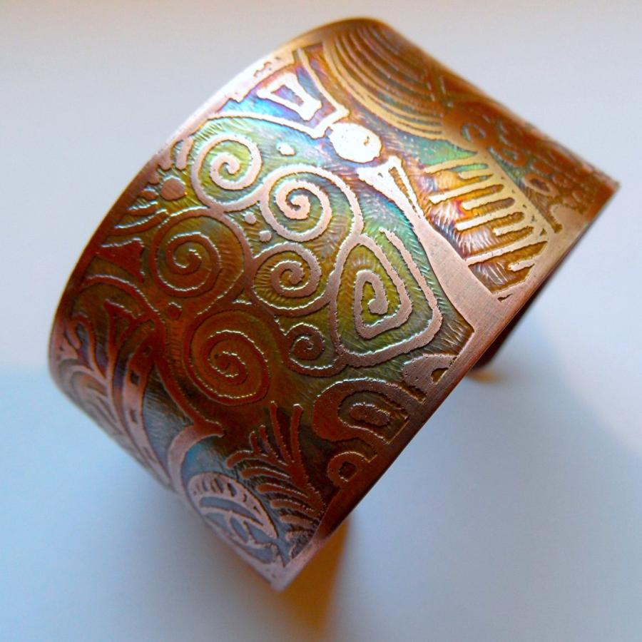 Fire-painted etched copper bracelet