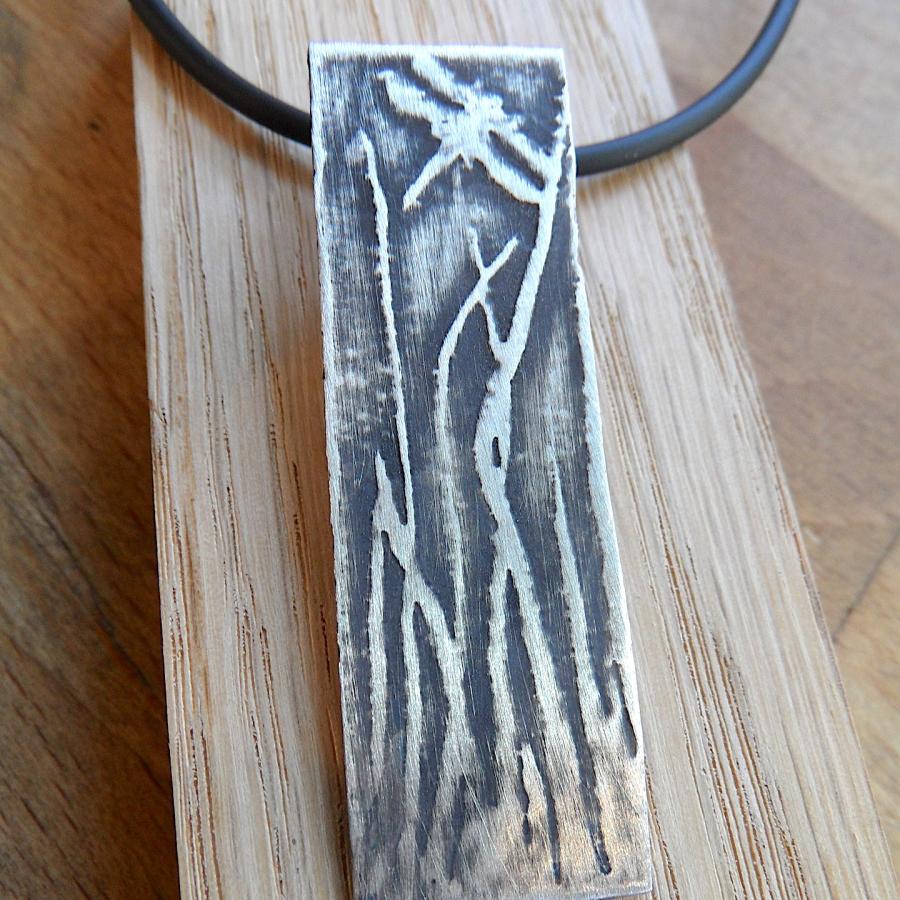 Etched rectangular oxidized Dragon Fly pendant by Pauline White
