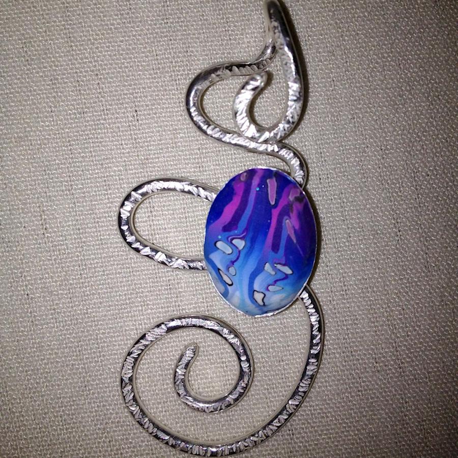 Blue clay set on twisted texture silver wire pendant