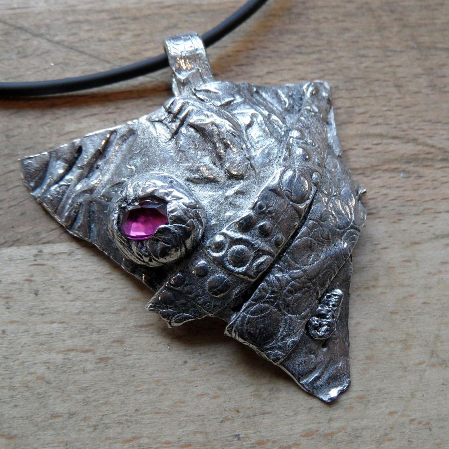 silver clay triangle pendant with red stone