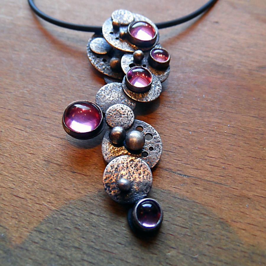 Bubbles pendant with silver discs, balls and pink gems