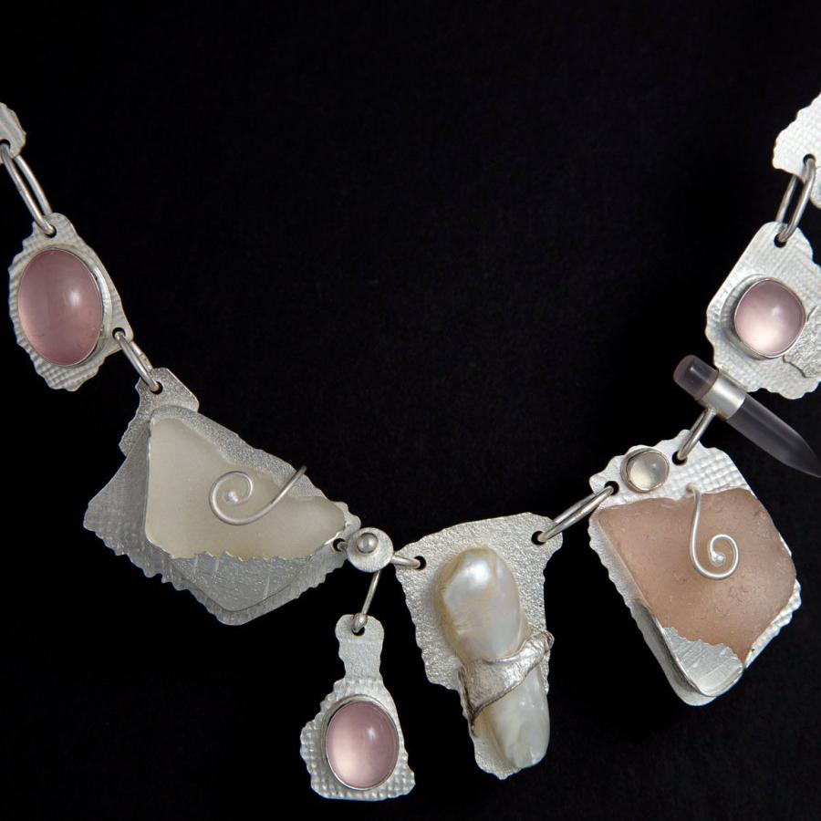 Necklace with various linked sterling silver pieces, with beach glass, rose quartz and pearl