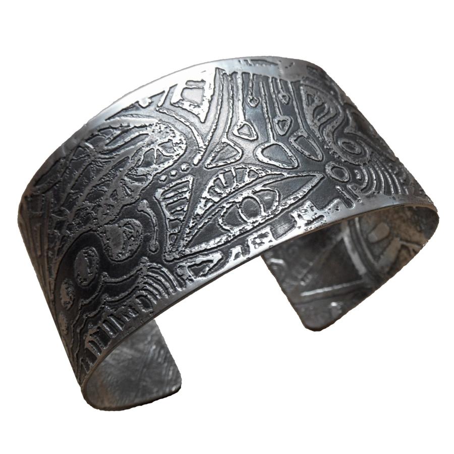 Oxidized silver bracelet cuff with etched design