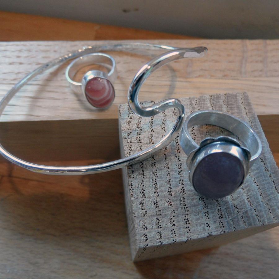 pink and blue stone silver rings and silver twist cuff