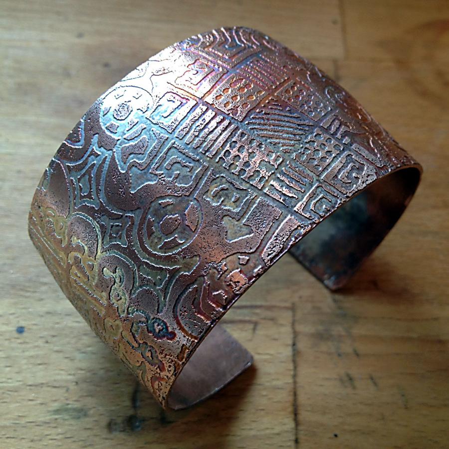 etched fire-painted copper cuff bracelet 