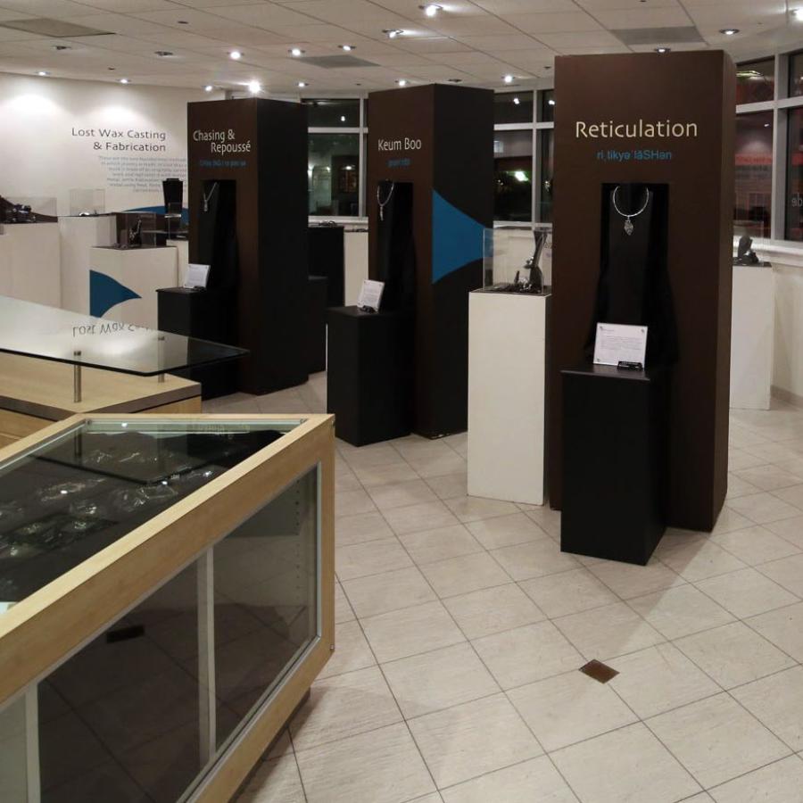 view of the gallery with towers and display cases