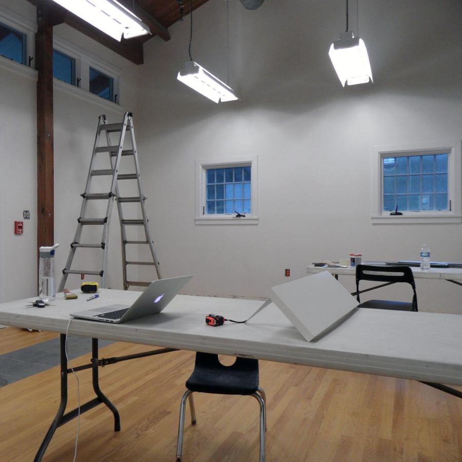 empty, white studio 2 room with construction supplies