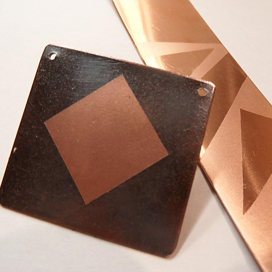 blasted copper samples with geometric shapes in different textures