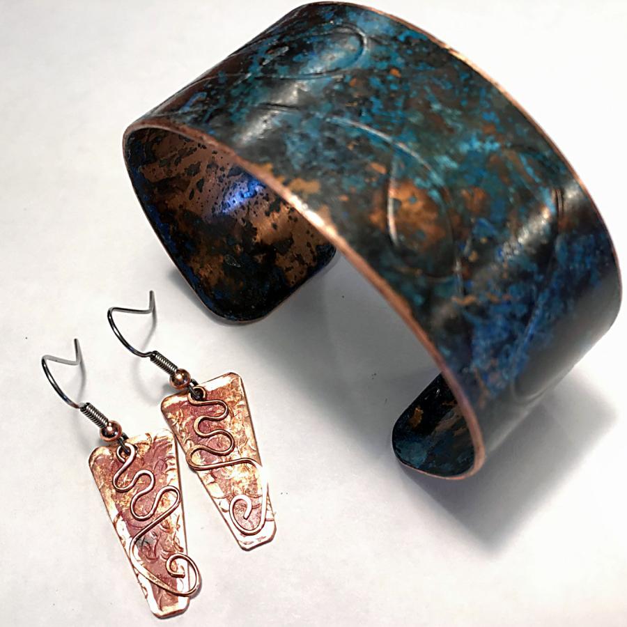 Copper patina earrings and cuff bracelet