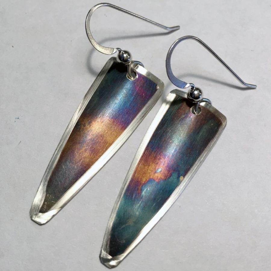 Rainbow colored earrings from liver of sulfur on sterling silver